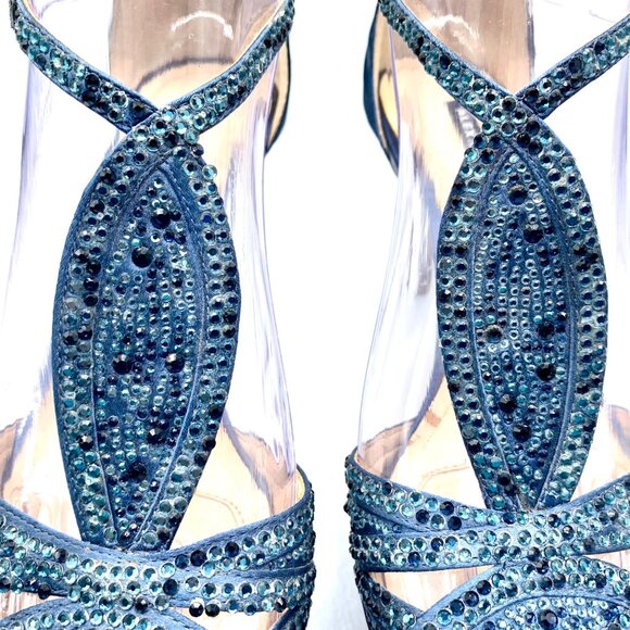 Alex Marie T-Strap Beaded Peep-Toe Dressy Heels Black Tie Fabric 7.5 Navy Blue - Picture 5 of 14